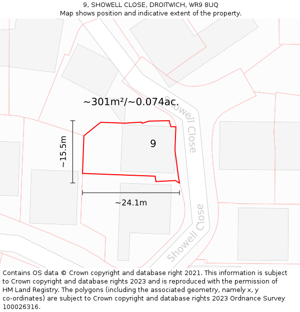 9, SHOWELL CLOSE, DROITWICH, WR9 8UQ: Plot and title map