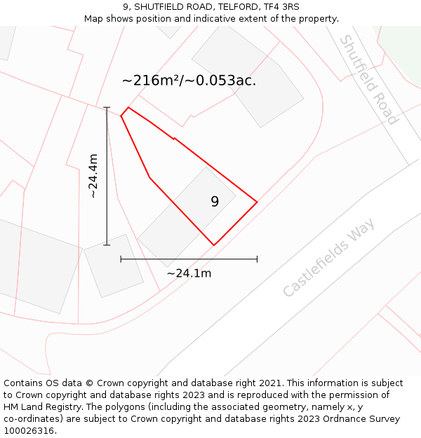 9, SHUTFIELD ROAD, TELFORD, TF4 3RS: Plot and title map