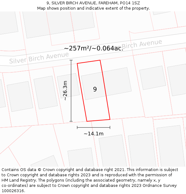 9, SILVER BIRCH AVENUE, FAREHAM, PO14 1SZ: Plot and title map