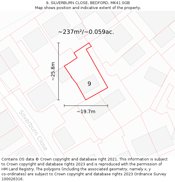 9, SILVERBURN CLOSE, BEDFORD, MK41 0GB: Plot and title map