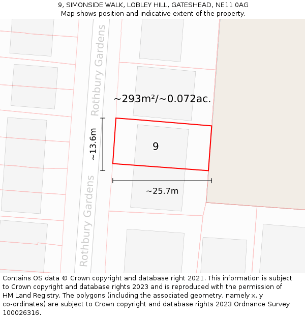 9, SIMONSIDE WALK, LOBLEY HILL, GATESHEAD, NE11 0AG: Plot and title map