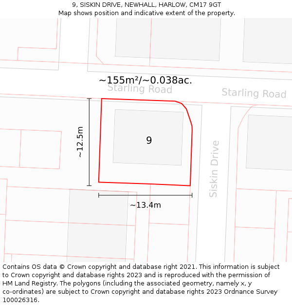 9, SISKIN DRIVE, NEWHALL, HARLOW, CM17 9GT: Plot and title map