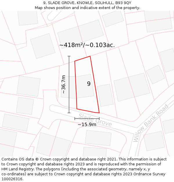 9, SLADE GROVE, KNOWLE, SOLIHULL, B93 9QY: Plot and title map