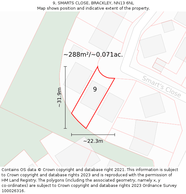 9, SMARTS CLOSE, BRACKLEY, NN13 6NL: Plot and title map