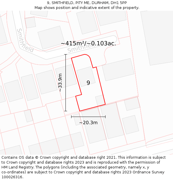 9, SMITHFIELD, PITY ME, DURHAM, DH1 5PP: Plot and title map