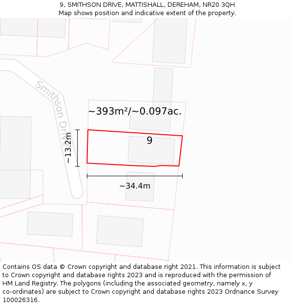 9, SMITHSON DRIVE, MATTISHALL, DEREHAM, NR20 3QH: Plot and title map