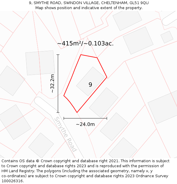 9, SMYTHE ROAD, SWINDON VILLAGE, CHELTENHAM, GL51 9QU: Plot and title map