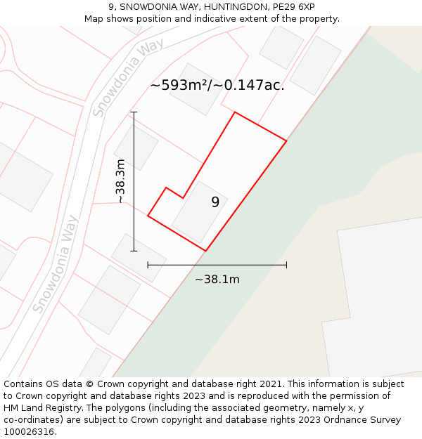 9, SNOWDONIA WAY, HUNTINGDON, PE29 6XP: Plot and title map