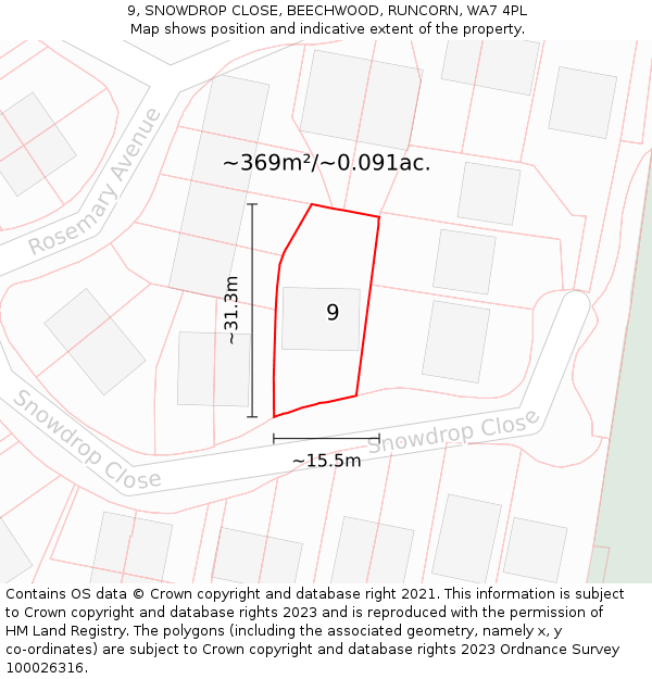 9, SNOWDROP CLOSE, BEECHWOOD, RUNCORN, WA7 4PL: Plot and title map