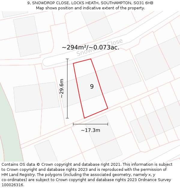 9, SNOWDROP CLOSE, LOCKS HEATH, SOUTHAMPTON, SO31 6HB: Plot and title map