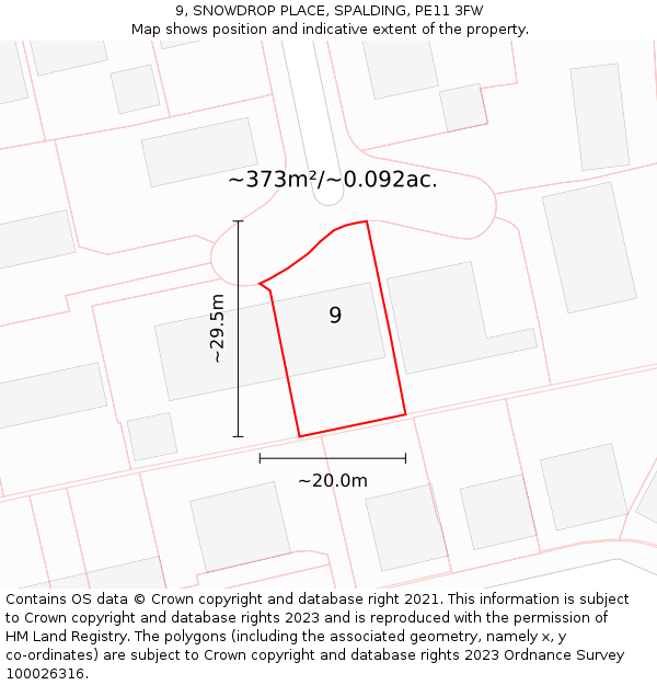 9, SNOWDROP PLACE, SPALDING, PE11 3FW: Plot and title map