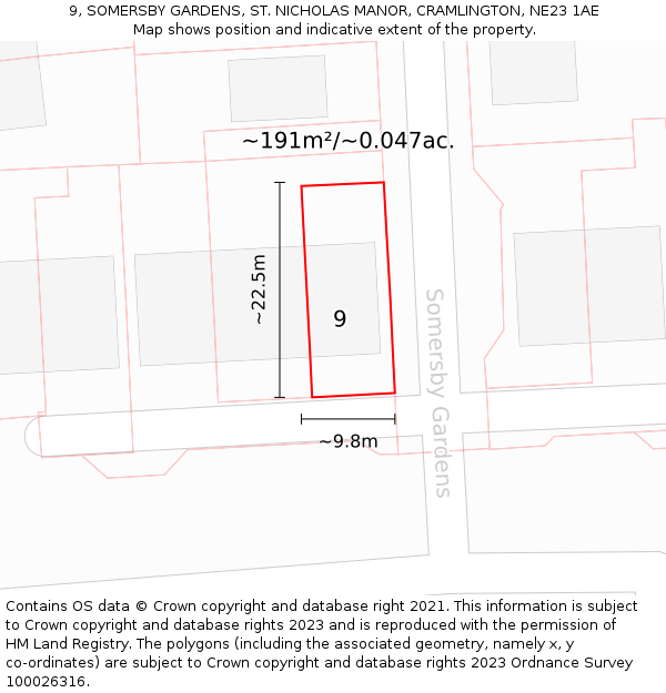 9, SOMERSBY GARDENS, ST. NICHOLAS MANOR, CRAMLINGTON, NE23 1AE: Plot and title map