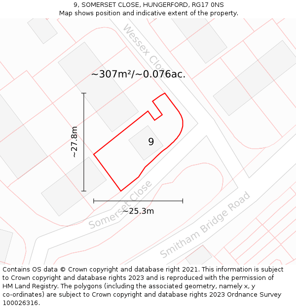 9, SOMERSET CLOSE, HUNGERFORD, RG17 0NS: Plot and title map