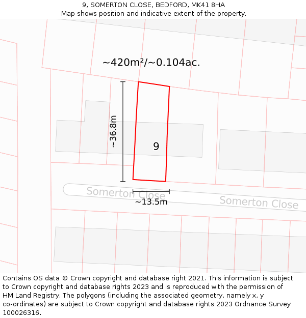 9, SOMERTON CLOSE, BEDFORD, MK41 8HA: Plot and title map