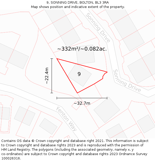 9, SONNING DRIVE, BOLTON, BL3 3RA: Plot and title map