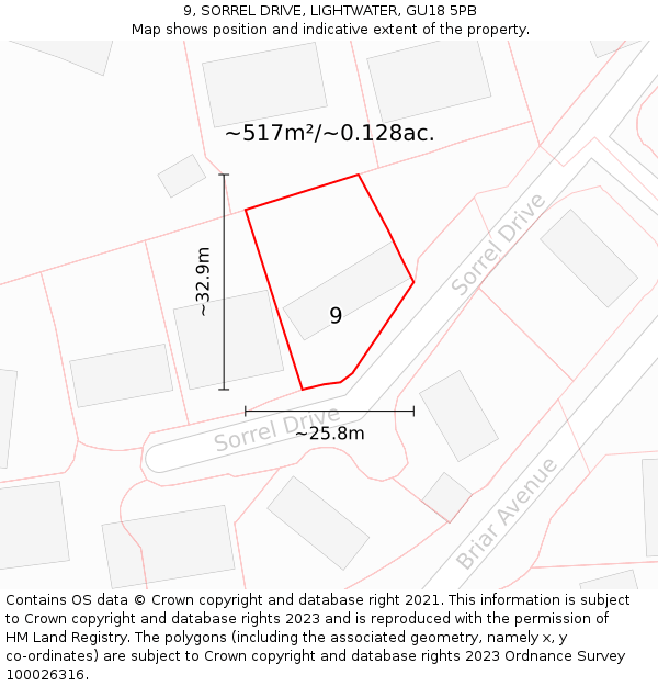 9, SORREL DRIVE, LIGHTWATER, GU18 5PB: Plot and title map