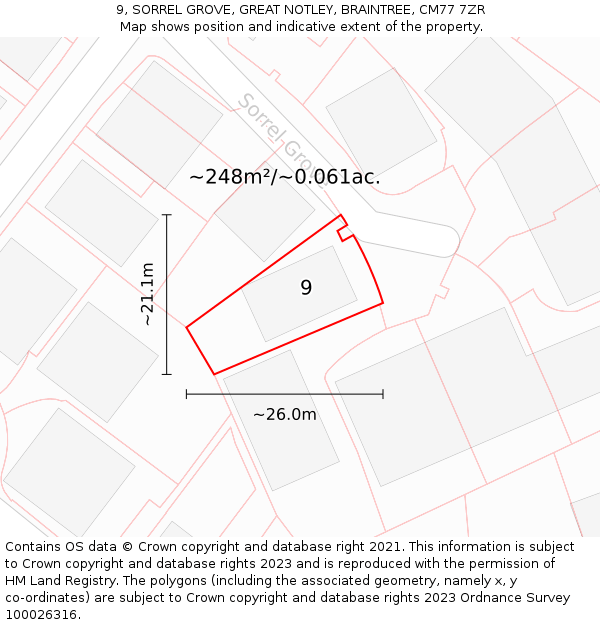 9, SORREL GROVE, GREAT NOTLEY, BRAINTREE, CM77 7ZR: Plot and title map