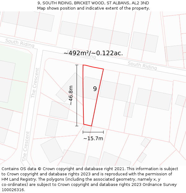 9, SOUTH RIDING, BRICKET WOOD, ST ALBANS, AL2 3ND: Plot and title map