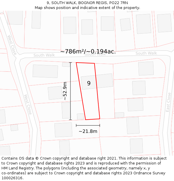 9, SOUTH WALK, BOGNOR REGIS, PO22 7RN: Plot and title map