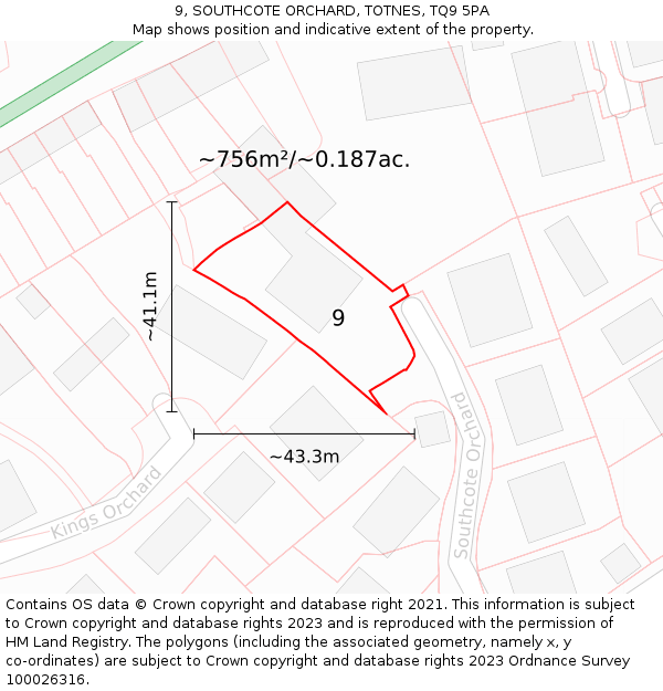 9, SOUTHCOTE ORCHARD, TOTNES, TQ9 5PA: Plot and title map