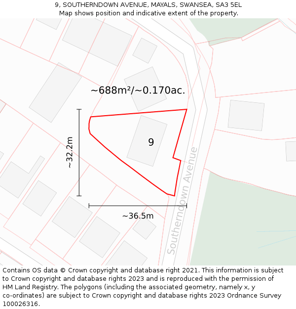 9, SOUTHERNDOWN AVENUE, MAYALS, SWANSEA, SA3 5EL: Plot and title map