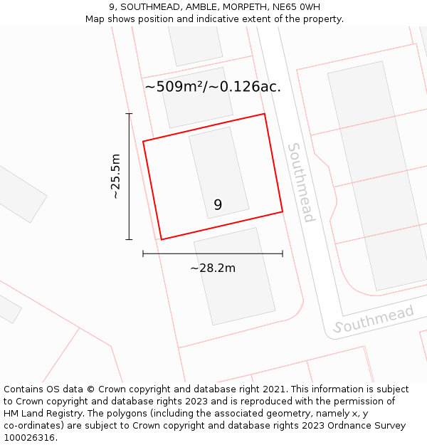 9, SOUTHMEAD, AMBLE, MORPETH, NE65 0WH: Plot and title map