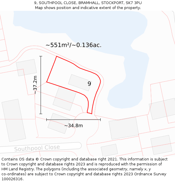 9, SOUTHPOOL CLOSE, BRAMHALL, STOCKPORT, SK7 3PU: Plot and title map
