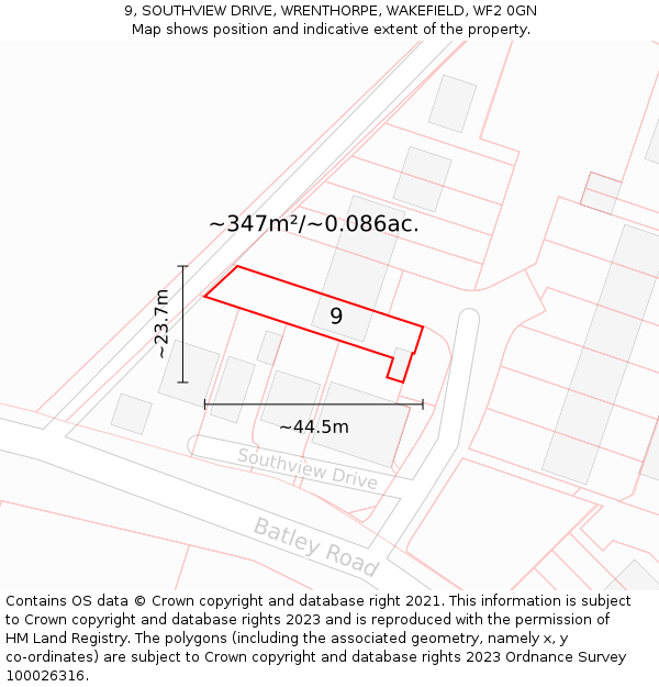 9, SOUTHVIEW DRIVE, WRENTHORPE, WAKEFIELD, WF2 0GN: Plot and title map