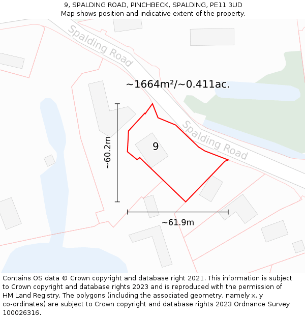 9, SPALDING ROAD, PINCHBECK, SPALDING, PE11 3UD: Plot and title map