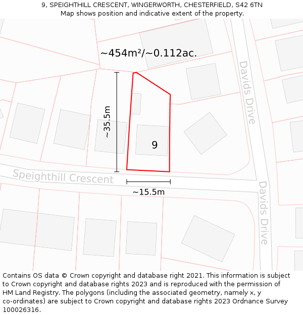 9, SPEIGHTHILL CRESCENT, WINGERWORTH, CHESTERFIELD, S42 6TN: Plot and title map