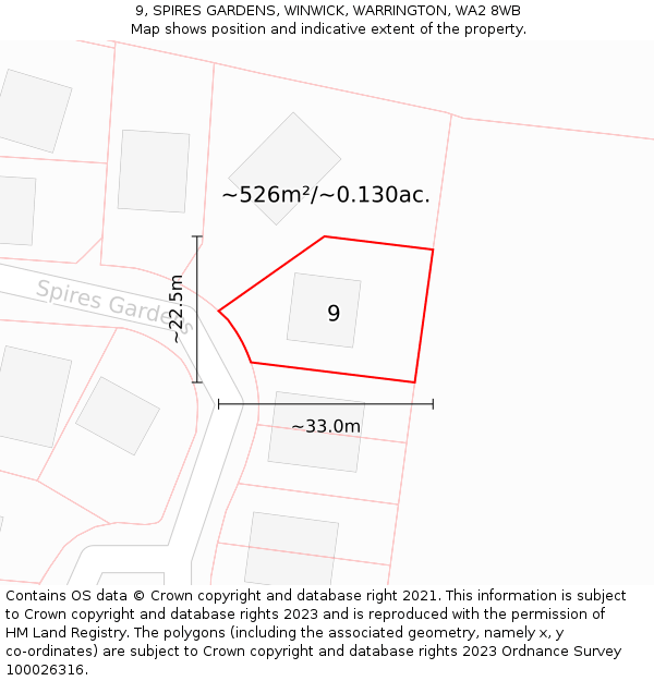 9, SPIRES GARDENS, WINWICK, WARRINGTON, WA2 8WB: Plot and title map