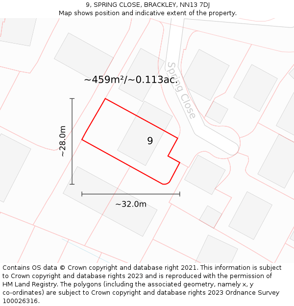 9, SPRING CLOSE, BRACKLEY, NN13 7DJ: Plot and title map