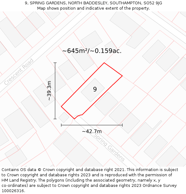 9, SPRING GARDENS, NORTH BADDESLEY, SOUTHAMPTON, SO52 9JG: Plot and title map