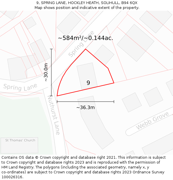 9, SPRING LANE, HOCKLEY HEATH, SOLIHULL, B94 6QX: Plot and title map