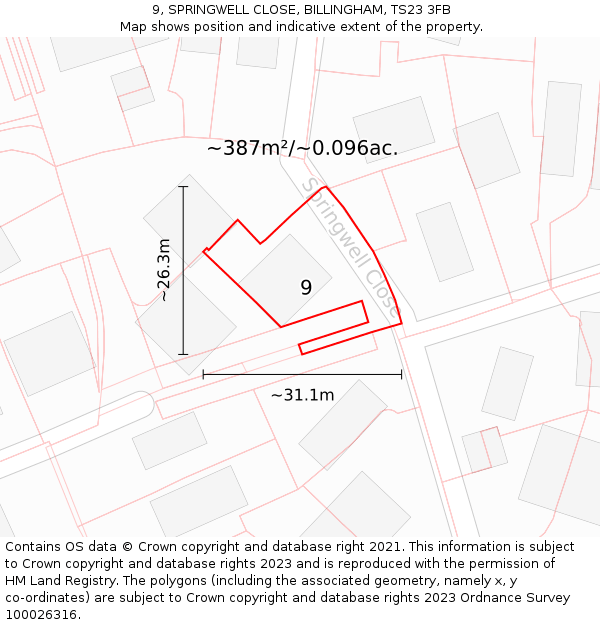 9, SPRINGWELL CLOSE, BILLINGHAM, TS23 3FB: Plot and title map