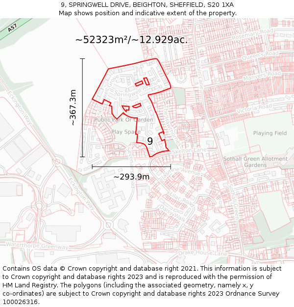 9, SPRINGWELL DRIVE, BEIGHTON, SHEFFIELD, S20 1XA: Plot and title map