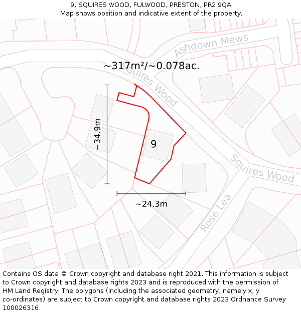 9, SQUIRES WOOD, FULWOOD, PRESTON, PR2 9QA: Plot and title map