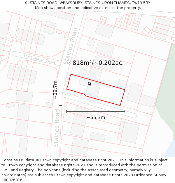 9, STAINES ROAD, WRAYSBURY, STAINES-UPON-THAMES, TW19 5BY: Plot and title map