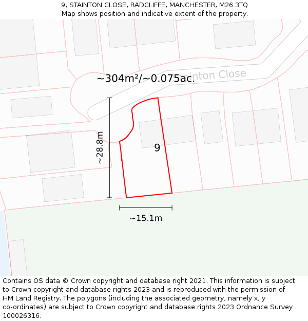 9, STAINTON CLOSE, RADCLIFFE, MANCHESTER, M26 3TQ: Plot and title map