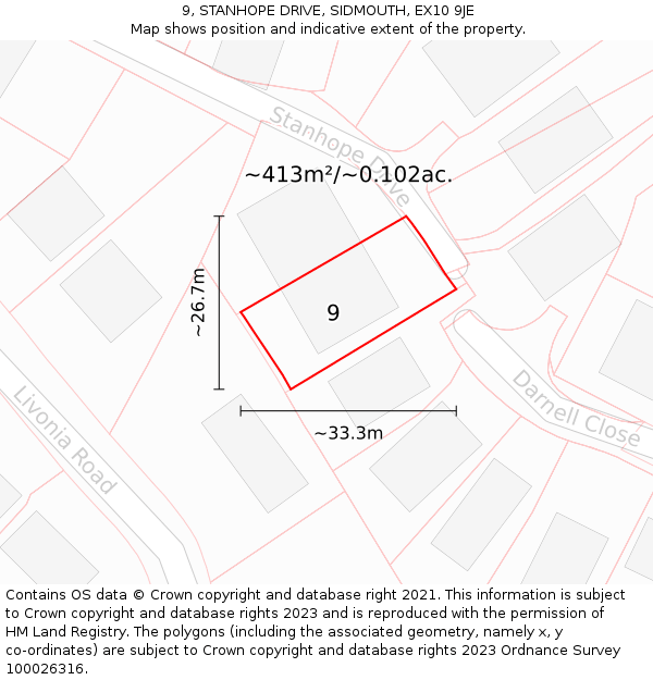 9, STANHOPE DRIVE, SIDMOUTH, EX10 9JE: Plot and title map