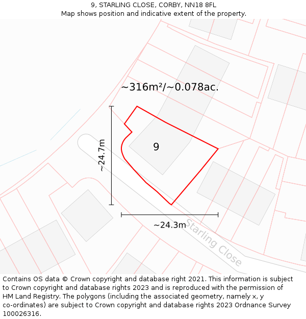 9, STARLING CLOSE, CORBY, NN18 8FL: Plot and title map