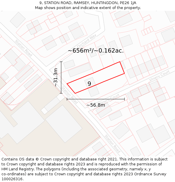 9, STATION ROAD, RAMSEY, HUNTINGDON, PE26 1JA: Plot and title map