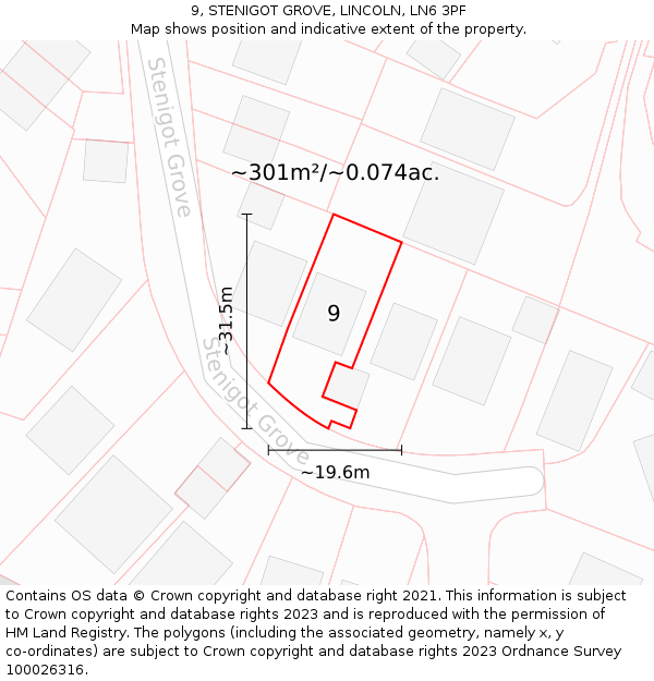 9, STENIGOT GROVE, LINCOLN, LN6 3PF: Plot and title map