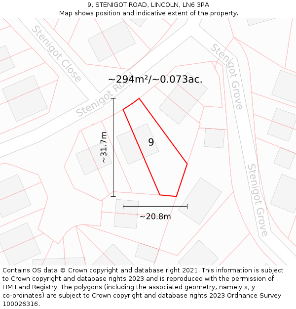 9, STENIGOT ROAD, LINCOLN, LN6 3PA: Plot and title map