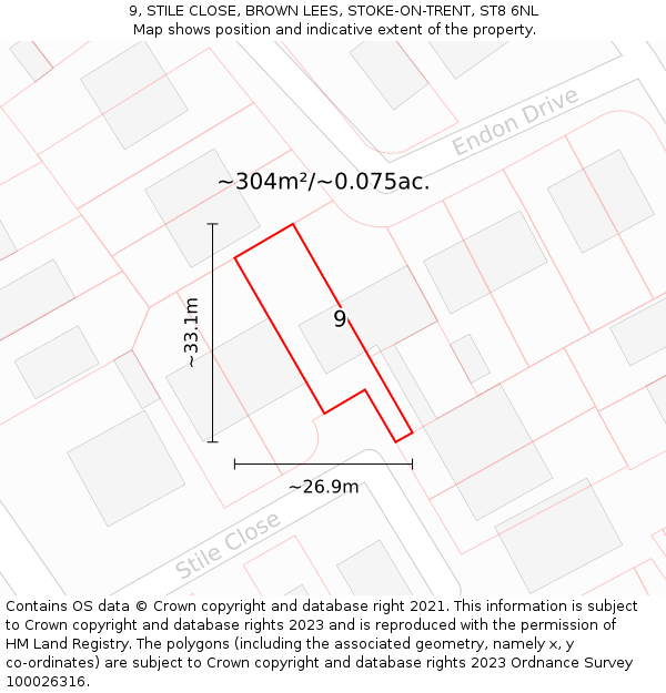 9, STILE CLOSE, BROWN LEES, STOKE-ON-TRENT, ST8 6NL: Plot and title map