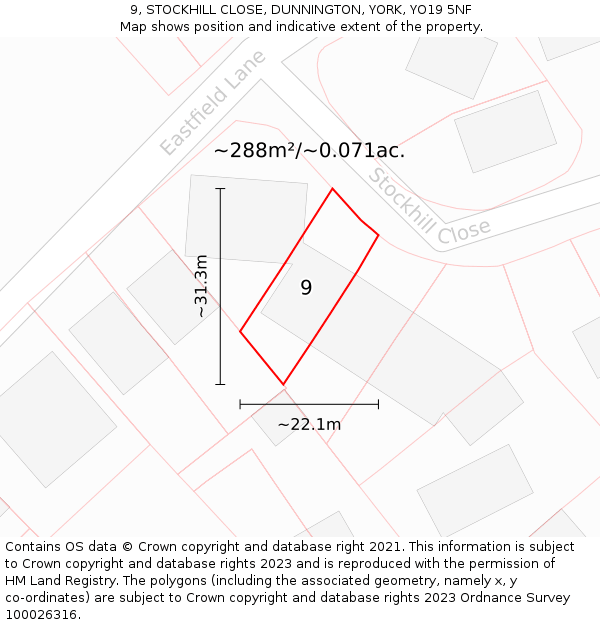 9, STOCKHILL CLOSE, DUNNINGTON, YORK, YO19 5NF: Plot and title map