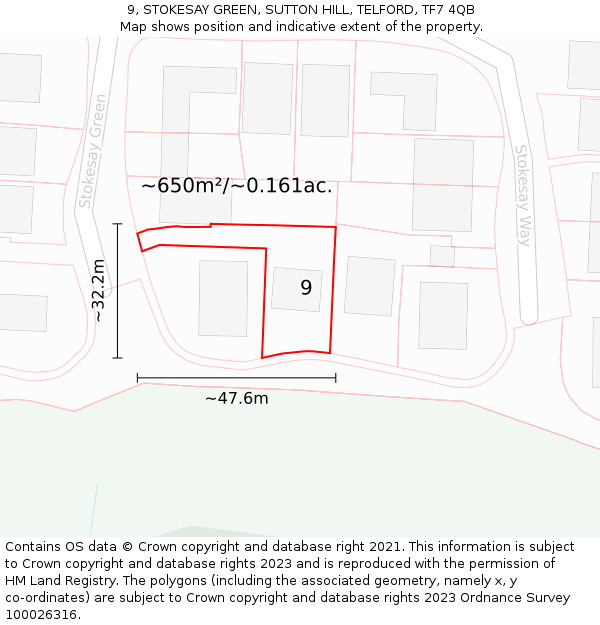 9, STOKESAY GREEN, SUTTON HILL, TELFORD, TF7 4QB: Plot and title map