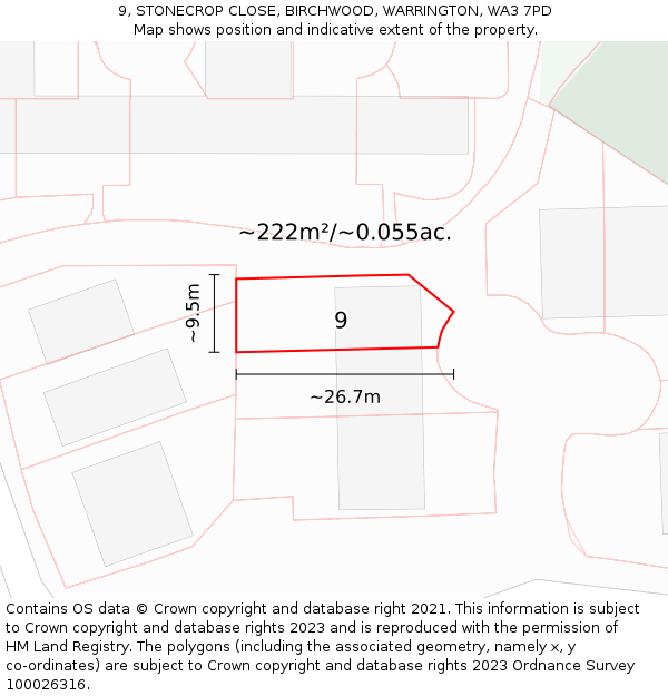 9, STONECROP CLOSE, BIRCHWOOD, WARRINGTON, WA3 7PD: Plot and title map