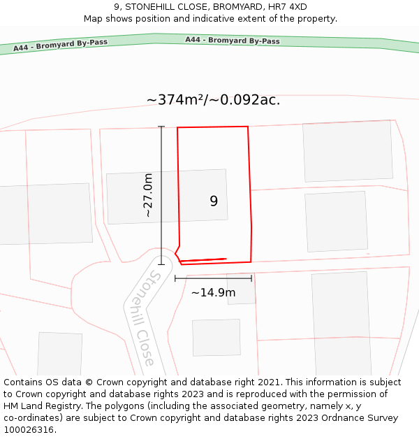 9, STONEHILL CLOSE, BROMYARD, HR7 4XD: Plot and title map