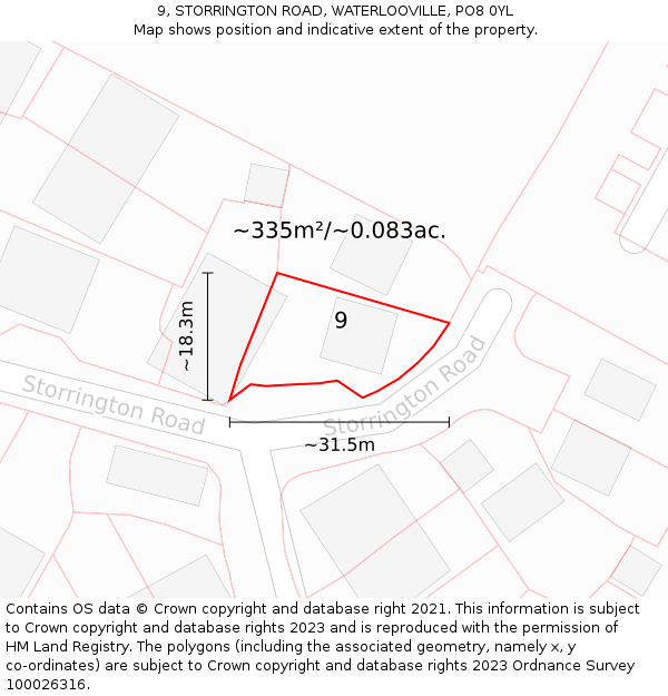 9, STORRINGTON ROAD, WATERLOOVILLE, PO8 0YL: Plot and title map